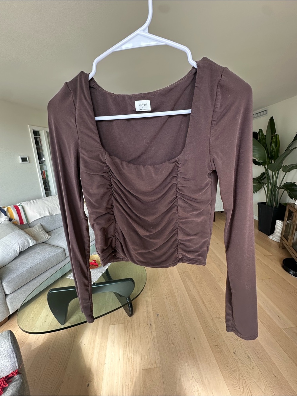 Wilfred Chocolate Brown Ruched Square-Neck Long Sleeve Top